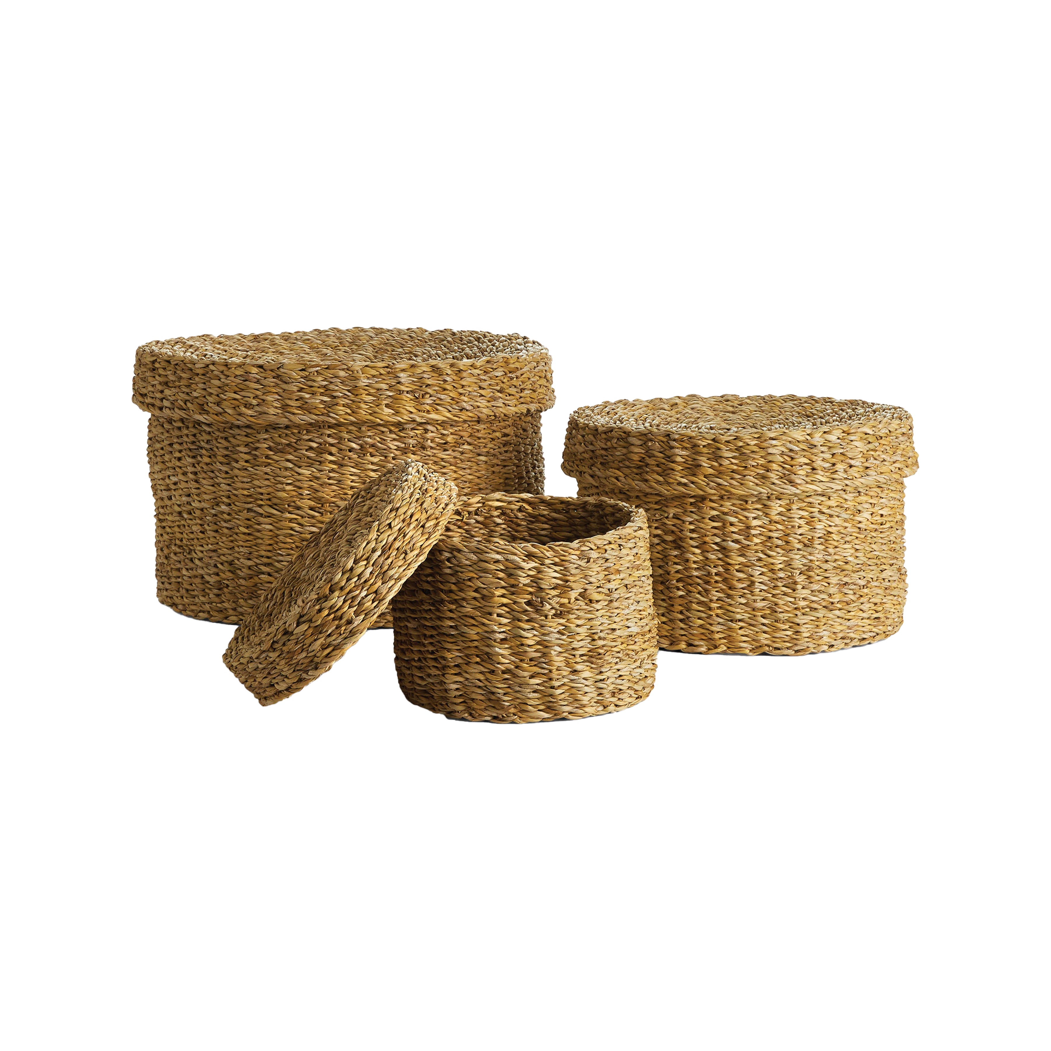 Seagrass Round Lidded Baskets, Set Of 3