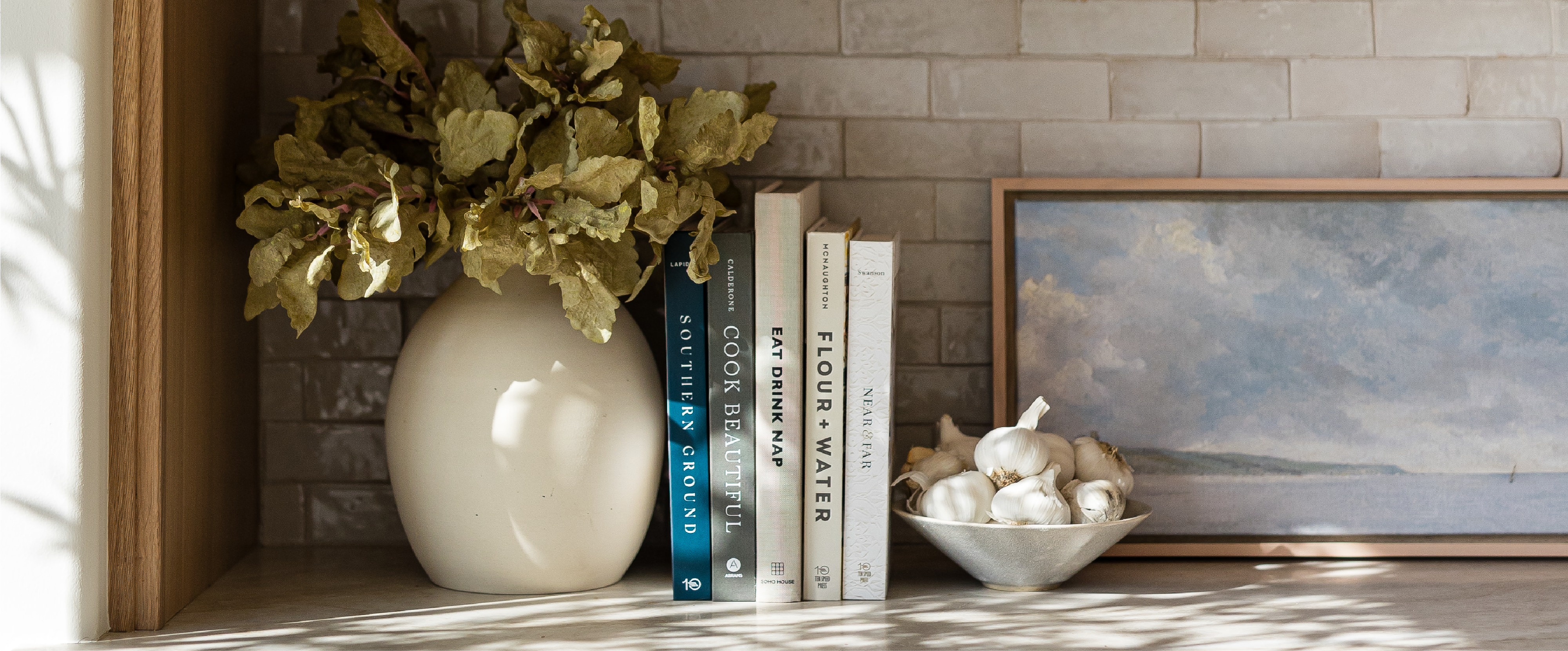 A photo of a styled shelf