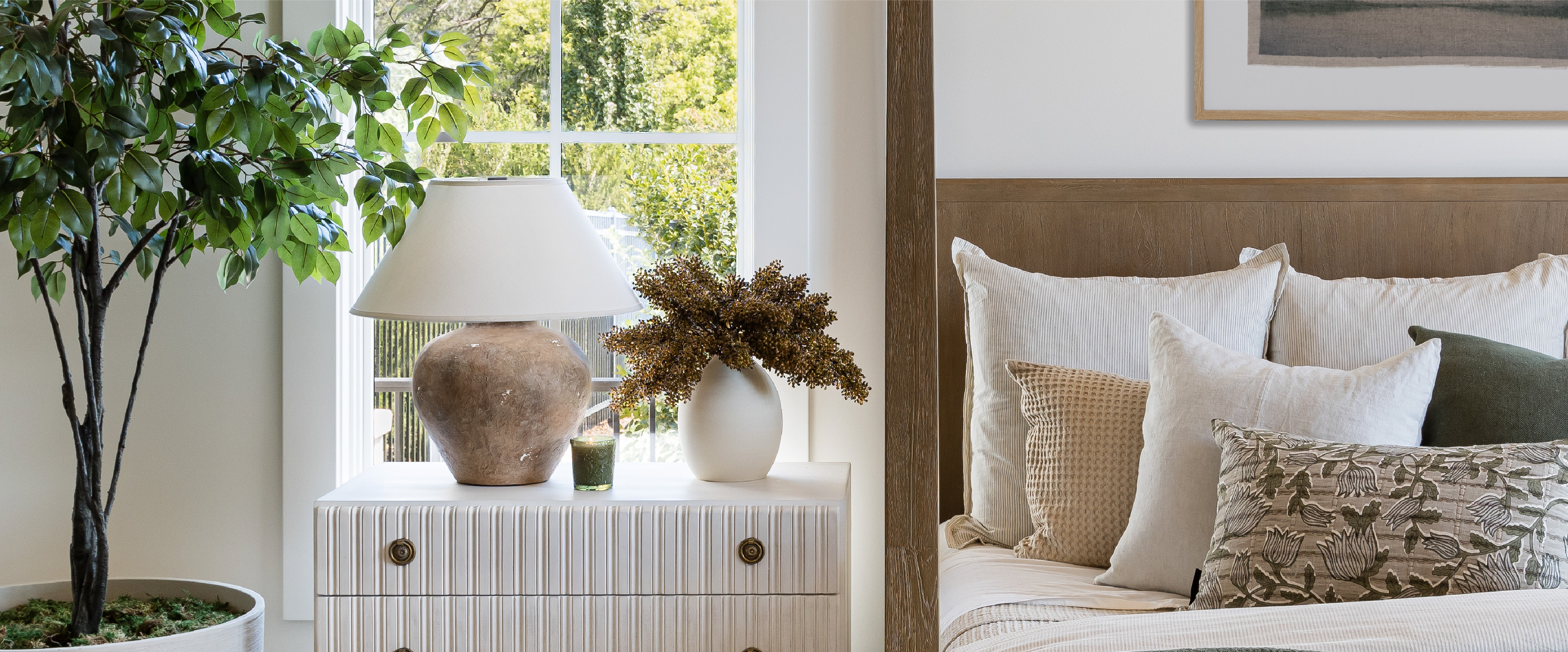 A photo of a bedside table