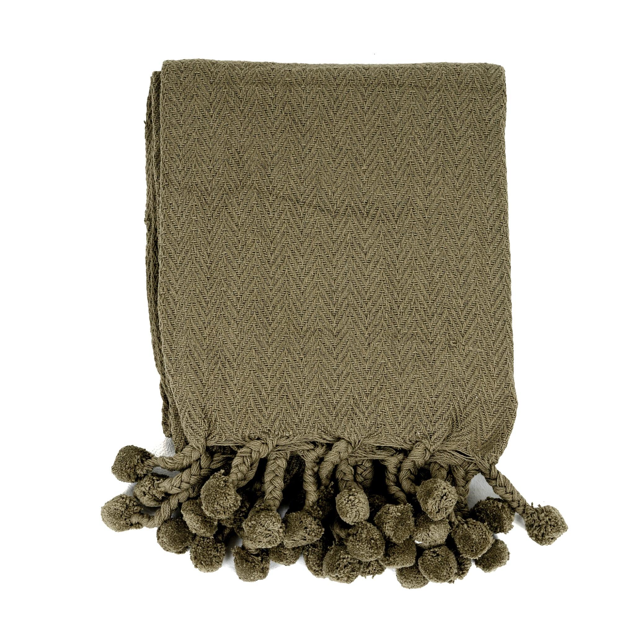 Vesla Cotton Throw with Braided Pom Pom Tassels in Green - Pure Salt Shoppe